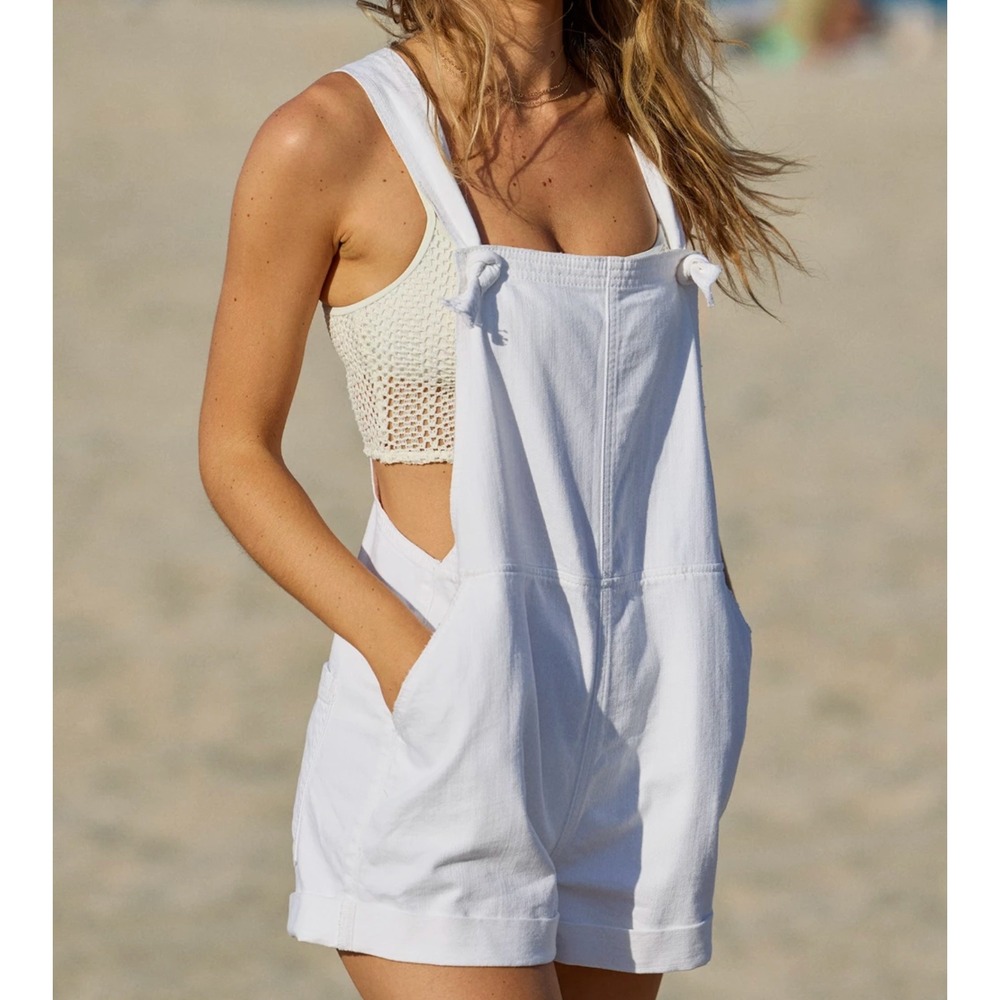 AERIE Womens XXL Boho Relaxed Adjustable Knot Tie Straps White Denim Shortall‎